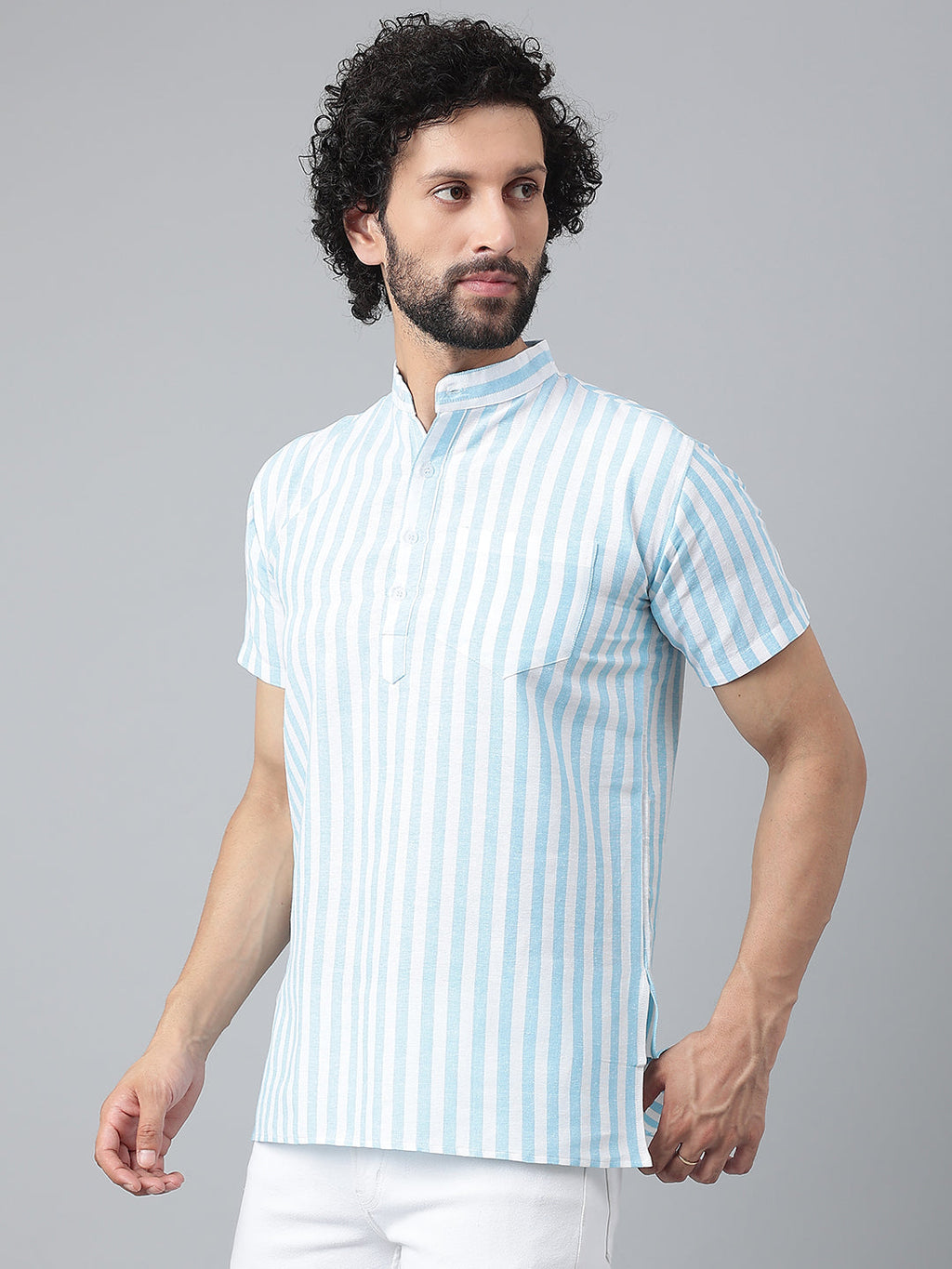 RIAG Blue Color Short Sleeves Casual Men's Cotton Short Kurta | Grocsy