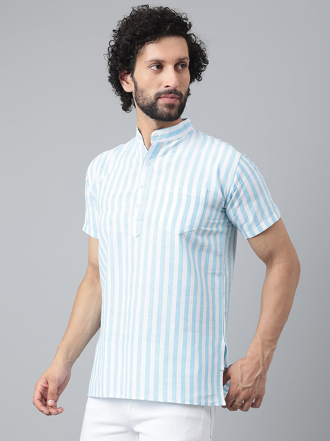 RIAG Blue Color Short Sleeves Casual Men's Cotton Short Kurta | Grocsy