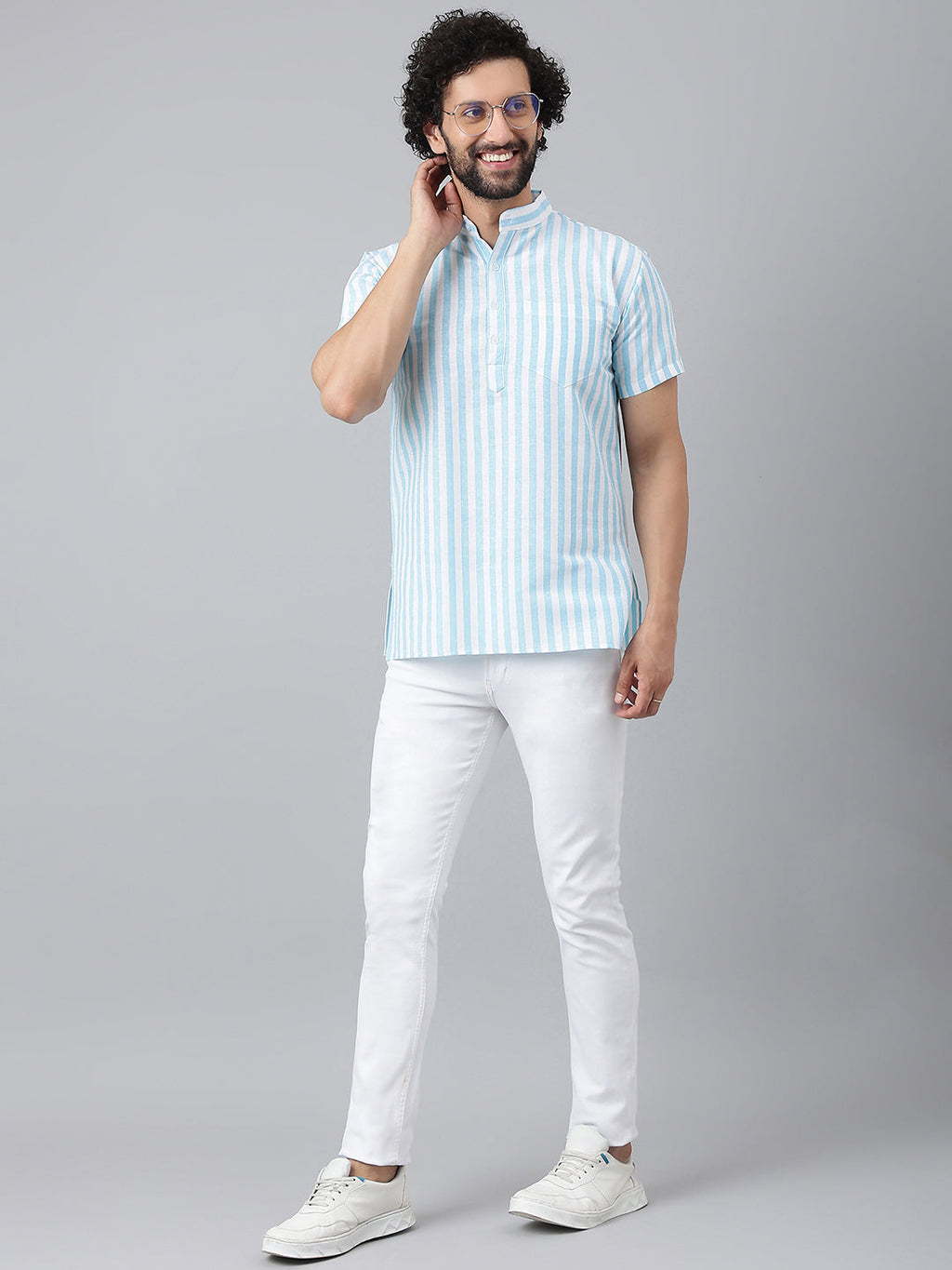 RIAG Blue Color Short Sleeves Casual Men's Cotton Short Kurta | Grocsy