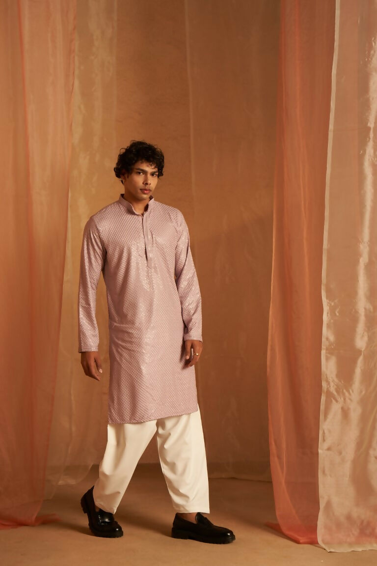 Lavender viscose Chikankari Embroidery Work Men's Traditional Kurta Set - Mahotsav | Grocsy