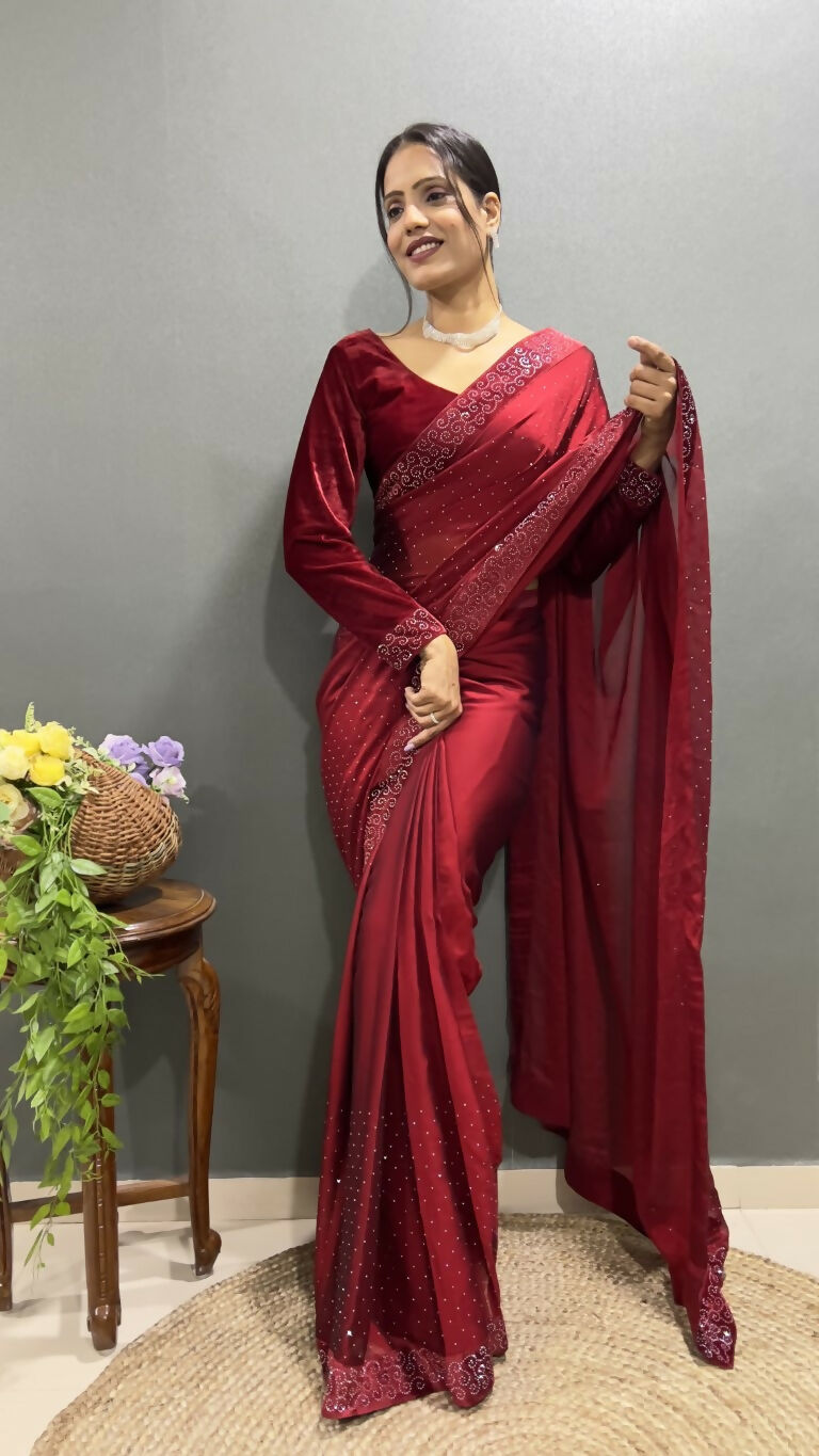 Vastranavya Maroon Rangoli Silk Swarovski work Ready to Wear Saree | Grocsy