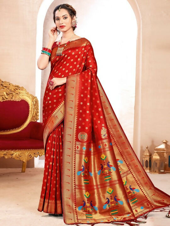 Shree Shyam Fashion Paithani Silk Red Saree | Grocsy