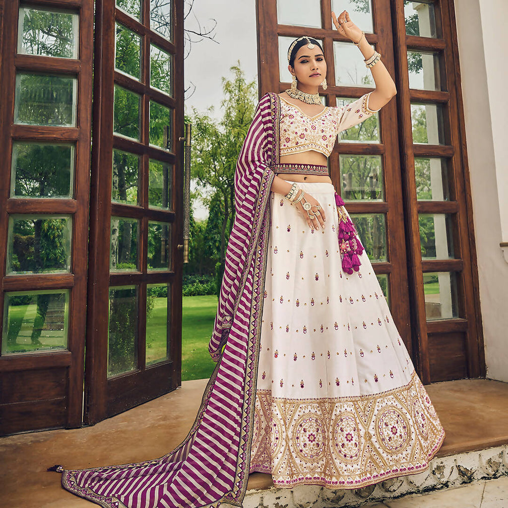 White Heavy Viscose Khatli, Embroidery & Mirror Work Unstitched Lehenga Choli - Sisha Keshav | Grocsy