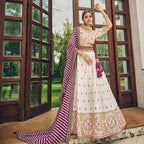 White Heavy Viscose Khatli, Embroidery & Mirror Work Unstitched Lehenga Choli - Sisha Keshav | Grocsy