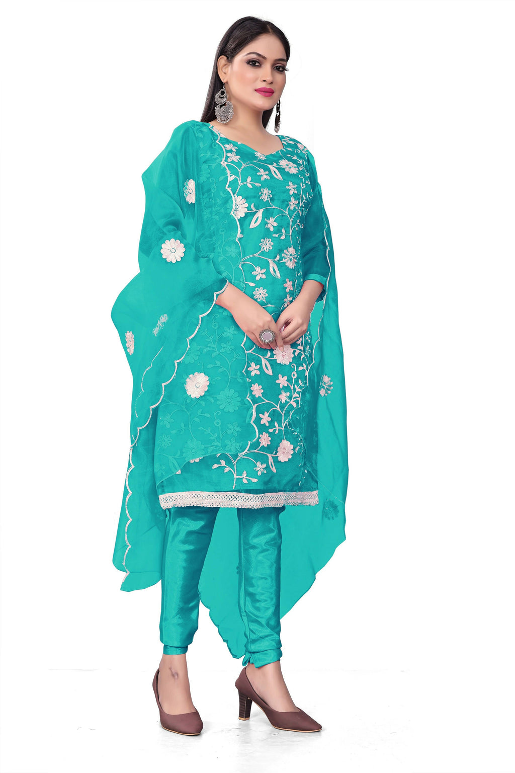 Sea Green Organza Silk Embroidered Work Unstitched Dress Material - Tanvi | Grocsy