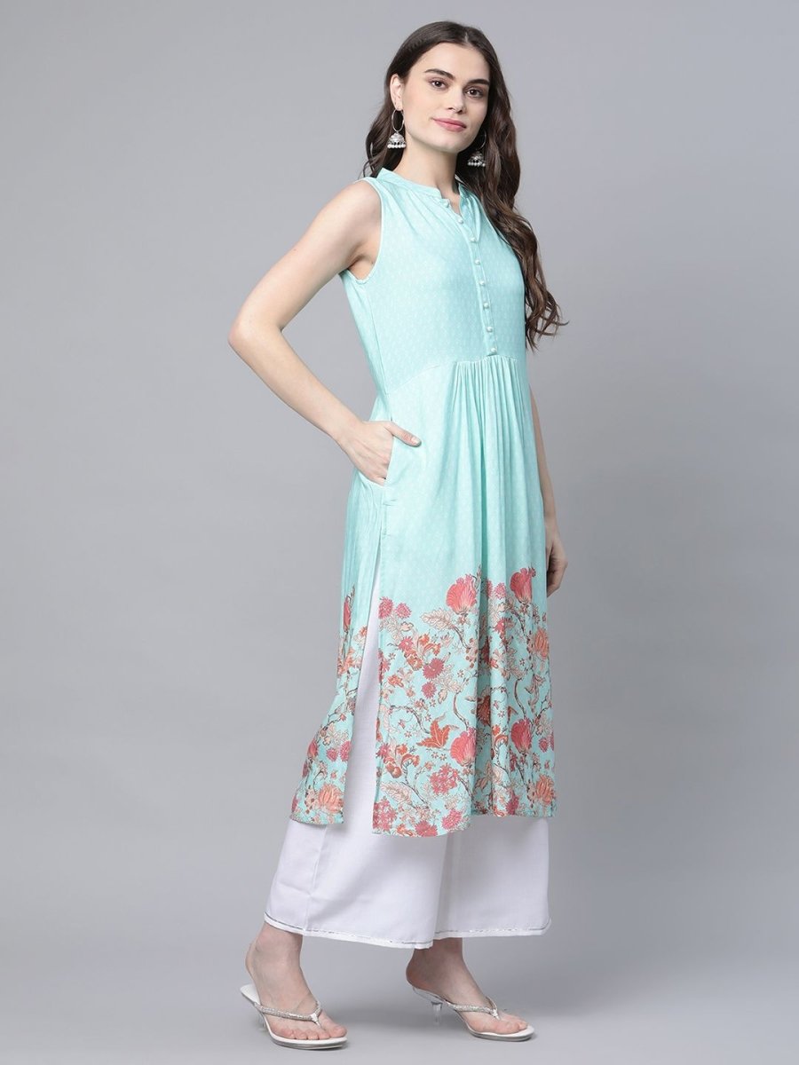 Ahalyaa Women's Sky Blue Rayon Printed Kurta Palazzo Set | Grocsy