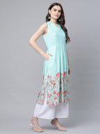 Ahalyaa Women's Sky Blue Rayon Printed Kurta Palazzo Set | Grocsy