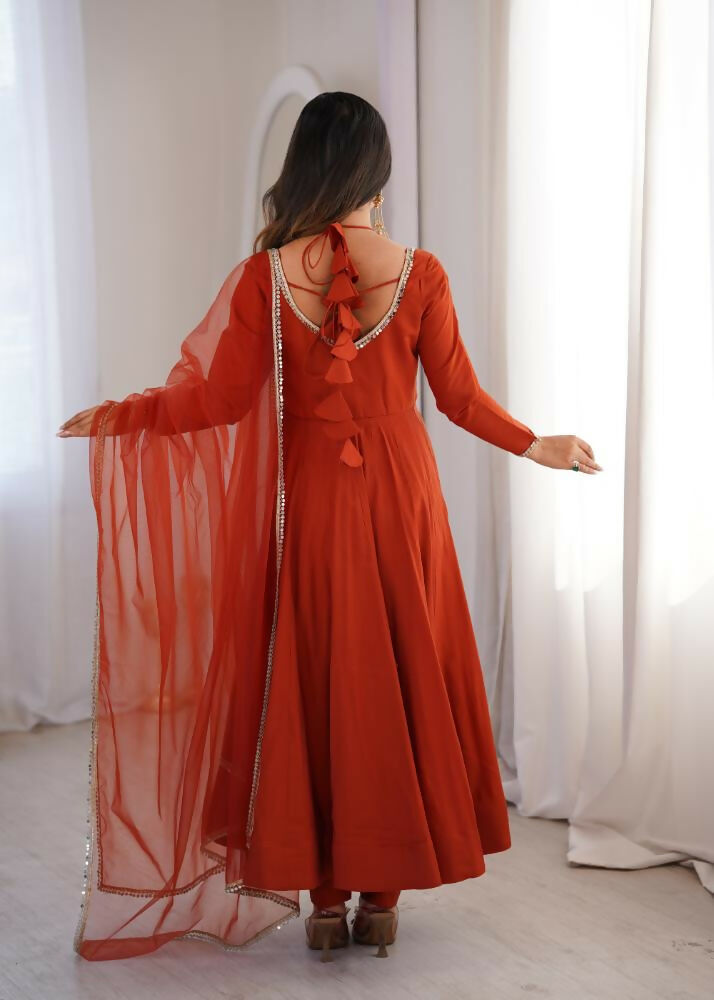 Lehenga Mart Designer Anarkali Suit With Kurta, Pant, Dupatta For Women-Rust | Grocsy