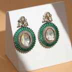 Kundan and Diamond with Green Stones Dangler Earrings (Green) - Ruby Raang | Grocsy