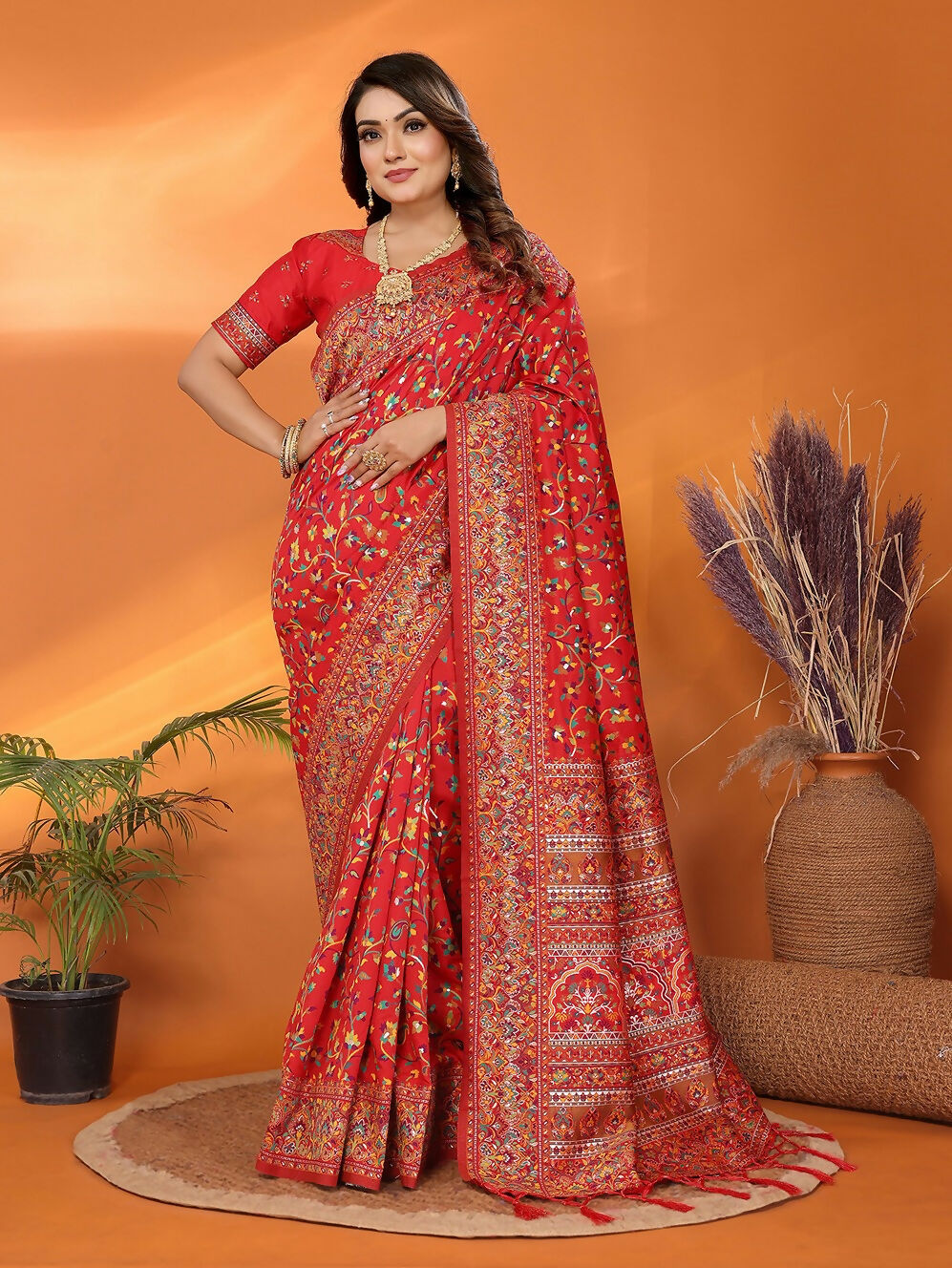 Joban Fashion Red Meena Weaves Pashmina Sarees | Grocsy