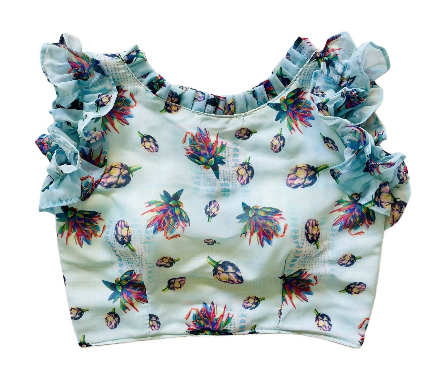 Vamika Sky Blue Georgette Frill Blouse | Grocsy
