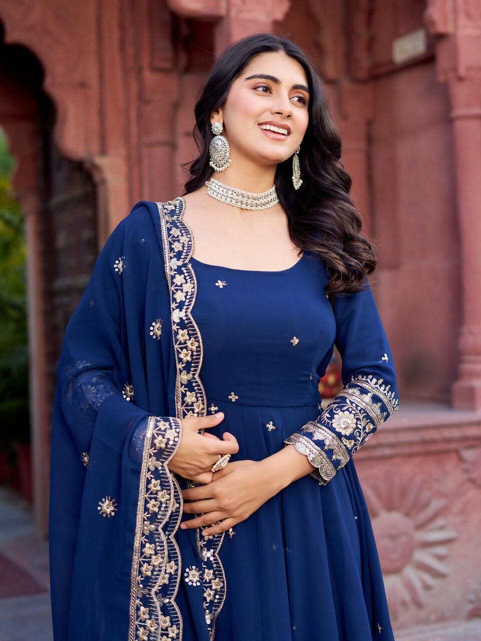 The52 Women's Beautiful Faux Georgette Fabric Embroidery Work Flared Anarkali Pant and Dupatta Set | Grocsy