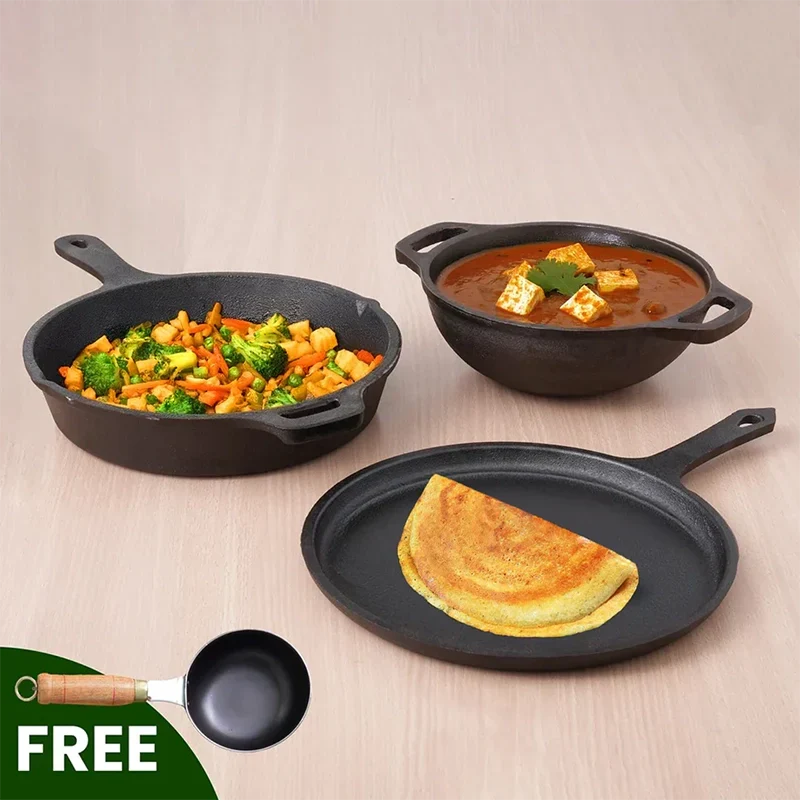 The Indus Valley CASTrong Cast Iron Cookware Set: Tawa + Fry Pan + Wok Kadai, Kitchen set for Home, Pre-seasoned,100% Pure Cast Iron Cookware,Toxin-free Pots and Pans,Tadka Pan | Grocsy
