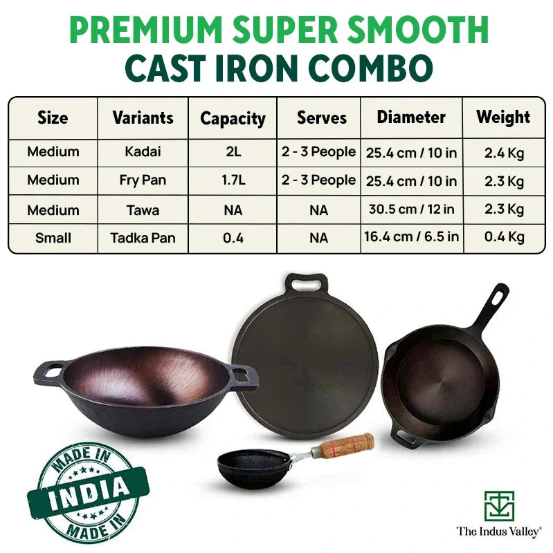 The Indus Valley Super Smooth Cast Iron Set: Frypan+ Kadai+ Tawa, Kitchen set for Home, Nonstick, 100% Pure,Toxin-free, Tadka Pan | Grocsy