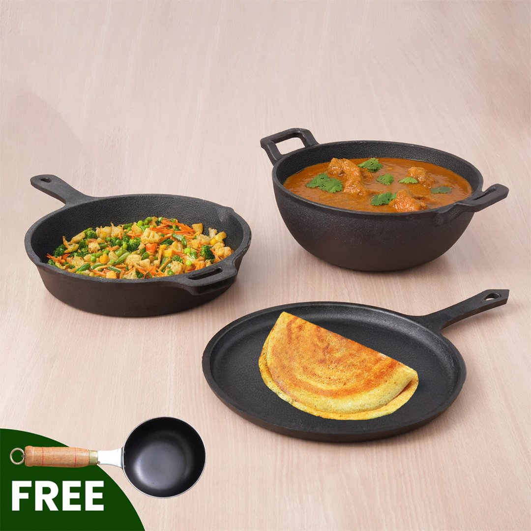 The Indus Valley CASTrong Cast Iron Cookware Set: Tawa+ Kadai+ Frypan, Kitchen Set for Home, Pre-seasoned, 100% Pure, Induction, Tadka Pan | Grocsy