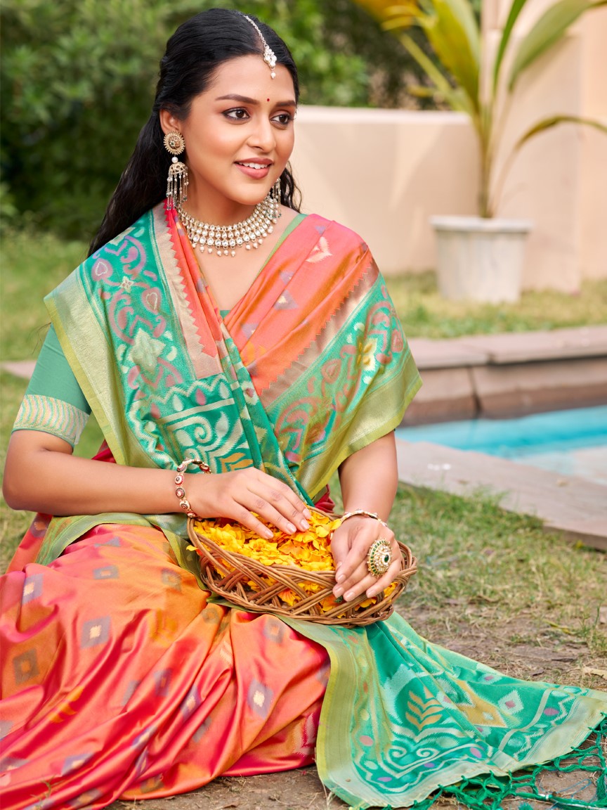 Anaita Coral Silk Saree With Blouse Piece | Grocsy