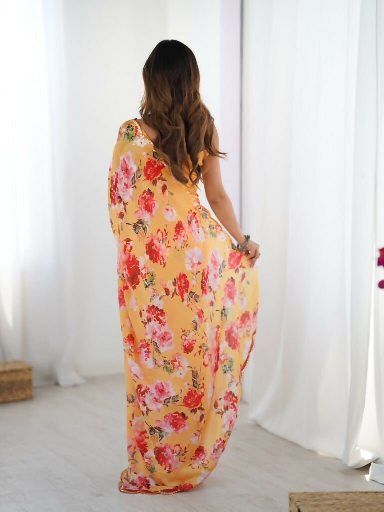Orange Chinon Designer Digital Printed,Mirror Cut Work Saree - Elayna | Grocsy