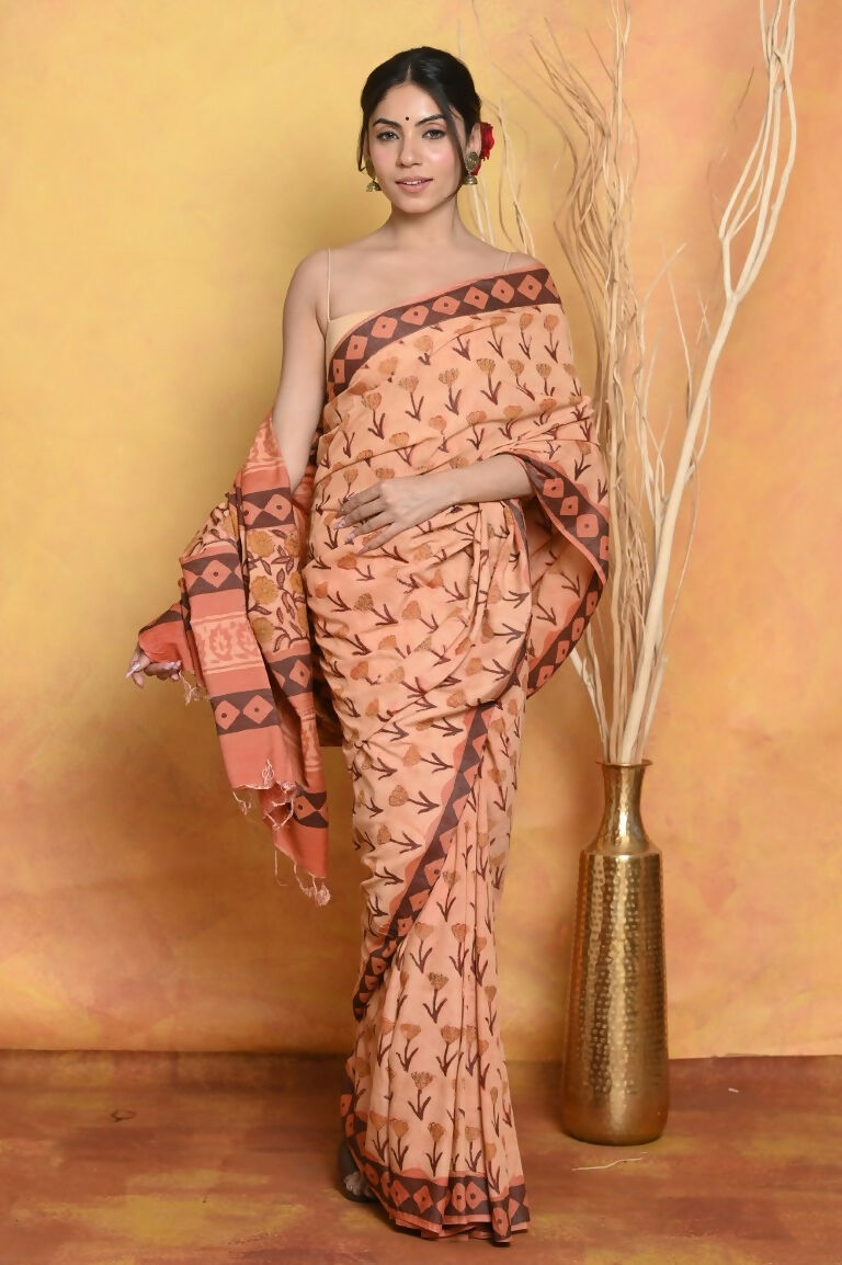 Very Much Indian Designer Modal Silk Saree With With Beautiful Floral Print - Light Orange | Grocsy