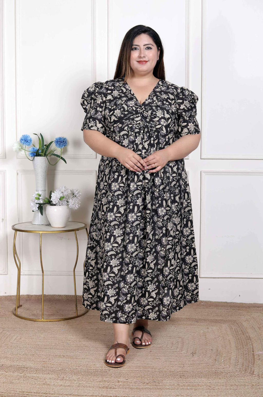 Miravan Women's Plus Size Pleated Puff Sleeve Floral Pure Cotton Black And White Butterfly Maxi Dress | Grocsy