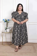 Miravan Women's Plus Size Pleated Puff Sleeve Floral Pure Cotton Black And White Butterfly Maxi Dress | Grocsy