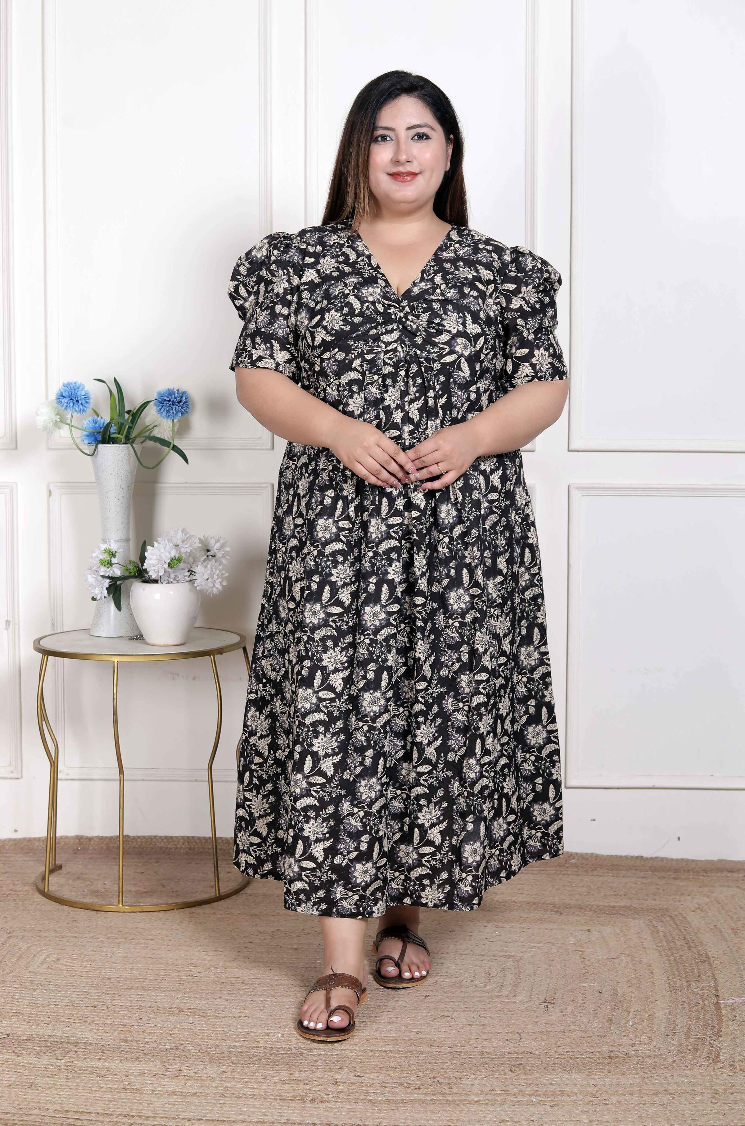 Miravan Women's Plus Size Pleated Puff Sleeve Floral Pure Cotton Black And White Butterfly Maxi Dress | Grocsy