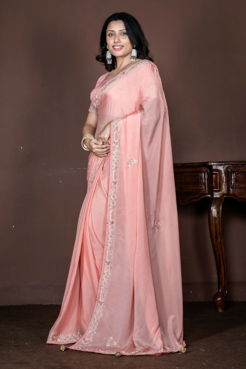 Morchari Peach Chiffon Hand Embroidery Saree Stitched Blouse | Grocsy