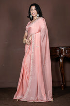 Morchari Peach Chiffon Hand Embroidery Saree Stitched Blouse | Grocsy