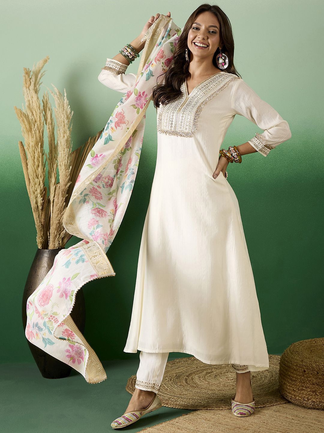 Sangria Embroidered A-Line Kurta With Trousers & Dupatta | Grocsy