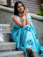 Prime Volt Women's Sky Blue Floral Digital Print Soft Linen Saree With Blouse | Grocsy