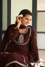 The52 Women's Beautiful Vichitra Silk Fabric Embroidery Work Flared Anarkali Pant and Dupatta Set | Grocsy