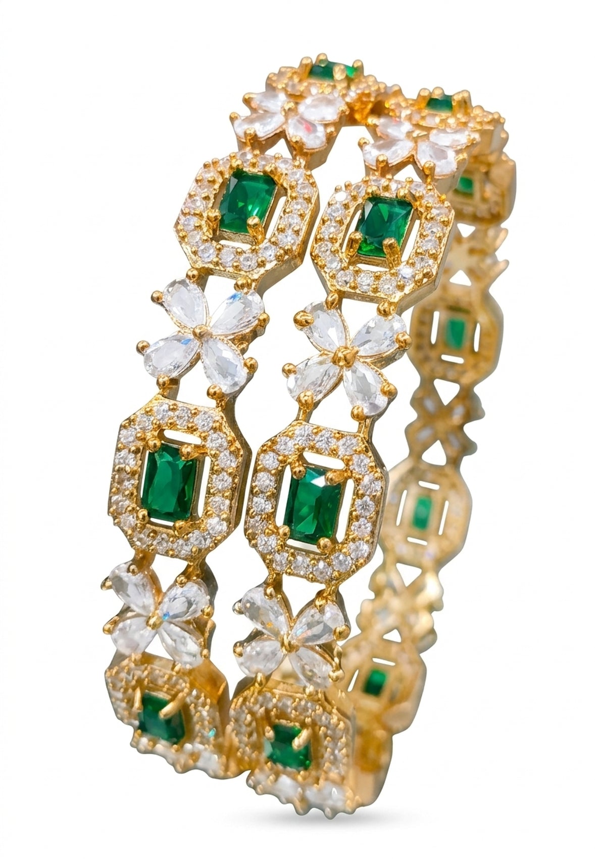 Jewel City Exquisite Emerald & Diamond Gold-Plated Floral Kada Green Bangles - Handcrafted Ethnic Jewelry for Weddings | Grocsy