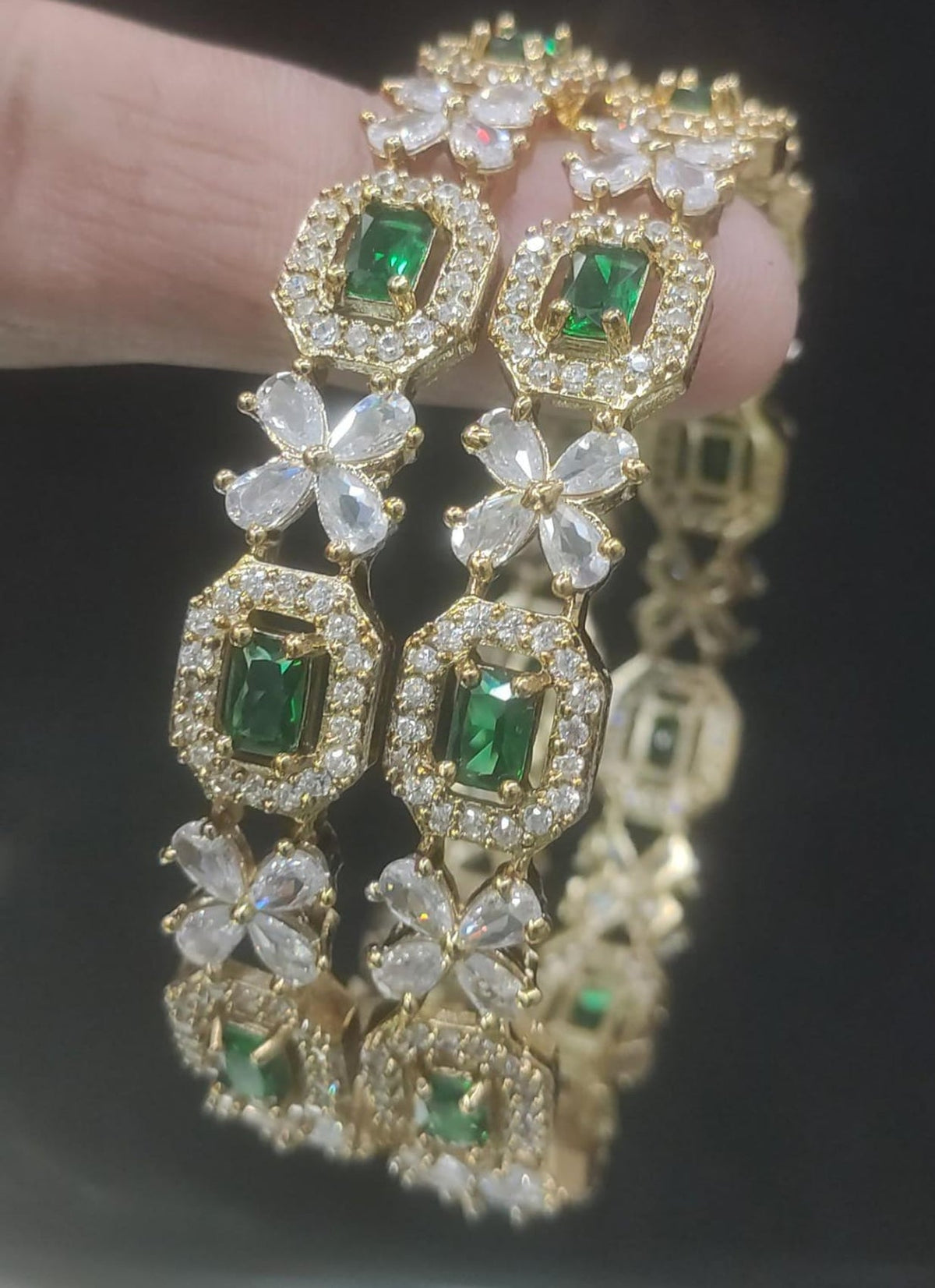 Jewel City Exquisite Emerald & Diamond Gold-Plated Floral Kada Green Bangles - Handcrafted Ethnic Jewelry for Weddings | Grocsy