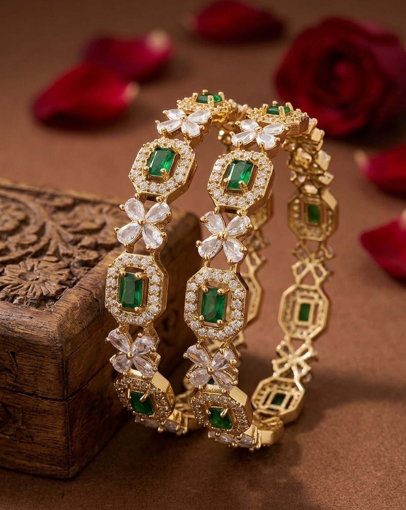 Jewel City Exquisite Emerald & Diamond Gold-Plated Floral Kada Green Bangles - Handcrafted Ethnic Jewelry for Weddings | Grocsy