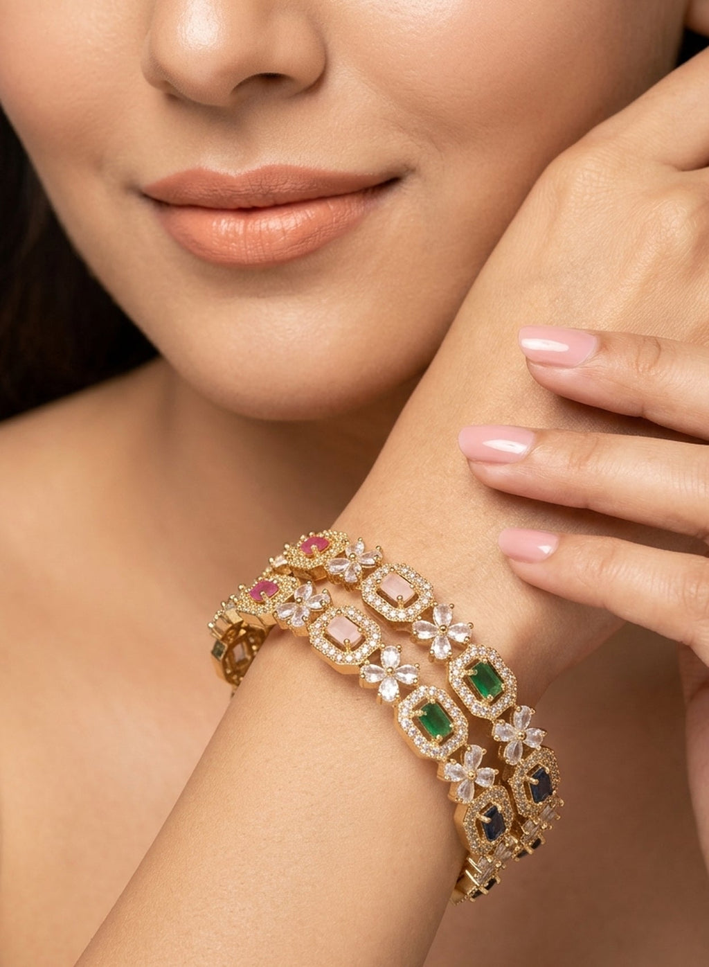 Jewel City Exquisite Emerald & Diamond Gold-Plated Floral Kada Multi-Color Bangles - Handcrafted Ethnic Jewelry for Weddings | Grocsy
