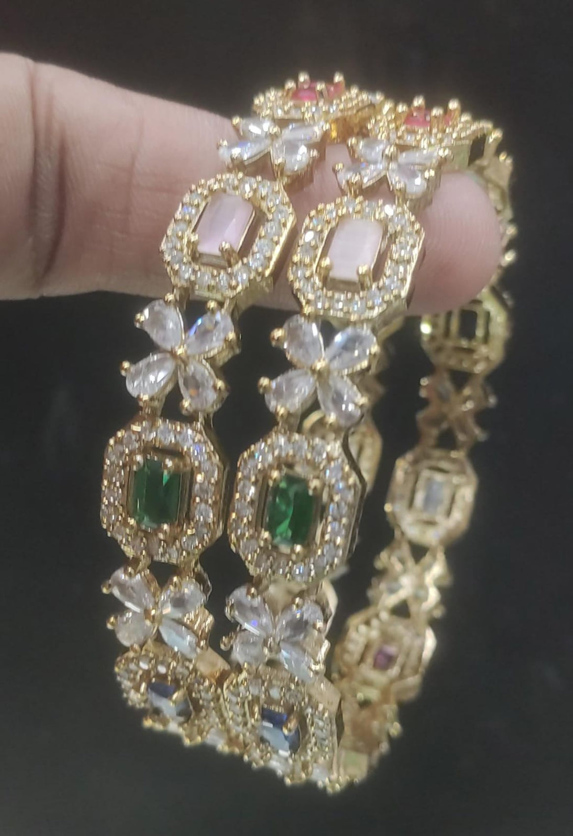 Jewel City Exquisite Emerald & Diamond Gold-Plated Floral Kada Multi-Color Bangles - Handcrafted Ethnic Jewelry for Weddings | Grocsy