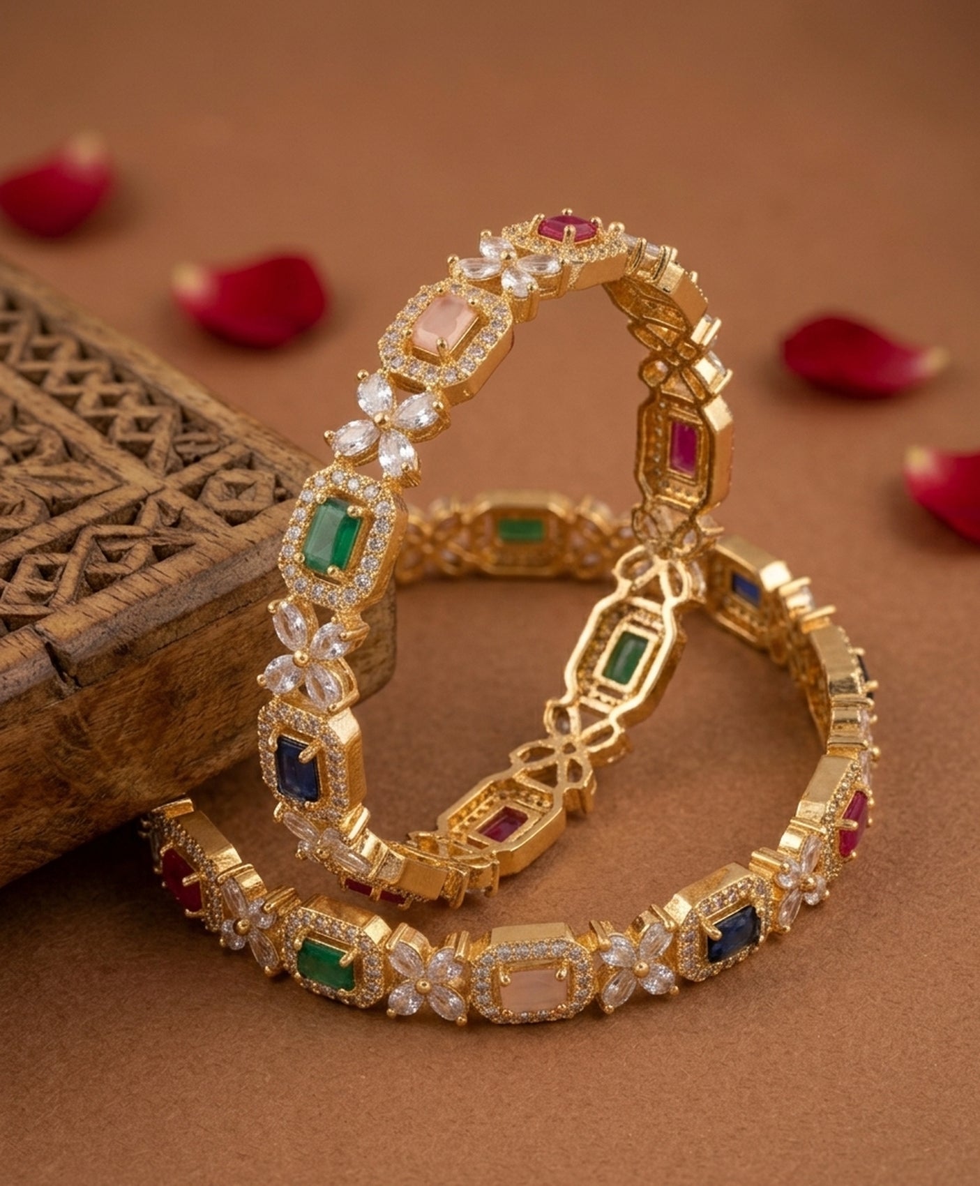 Jewel City Exquisite Emerald & Diamond Gold-Plated Floral Kada Multi-Color Bangles - Handcrafted Ethnic Jewelry for Weddings | Grocsy