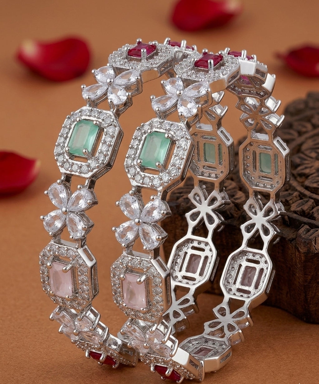 Jewel City Exquisite Emerald & Diamond Gold-Plated Floral Kada Bangles - Handcrafted Ethnic Jewelry for Weddings | Grocsy