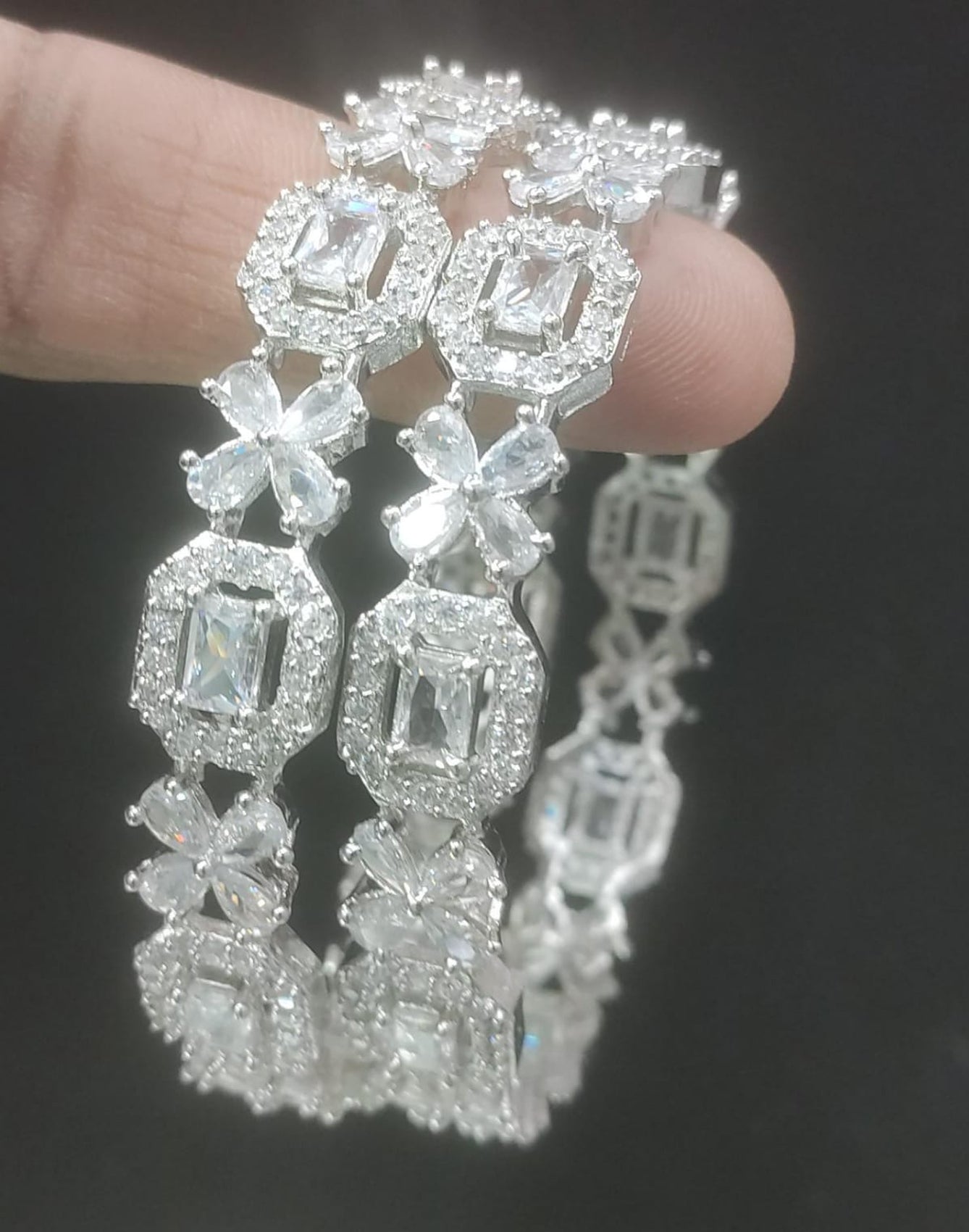 Jewel City Exquisite Emerald & Diamond Rhodium-Plated Floral Kada White Bangles - Handcrafted Ethnic Jewelry for Weddings | Grocsy