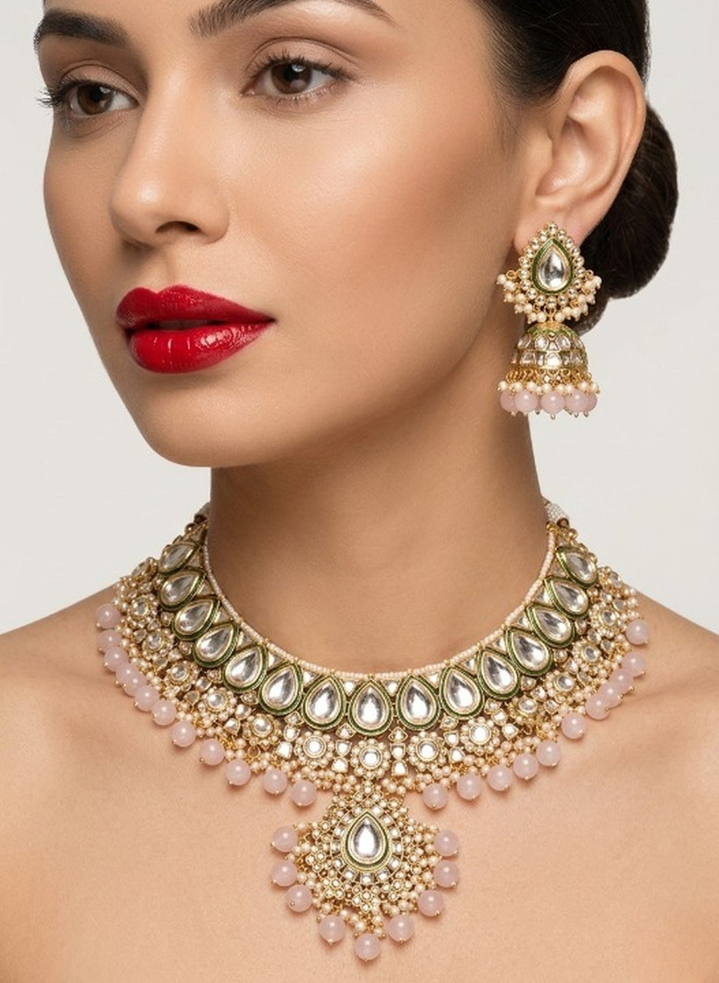 Jewel City Handcrafted Traditional Gold-Plated Kundan Bridal Jewelry Set with Maang Tikka & Jhumka Earrings | Grocsy