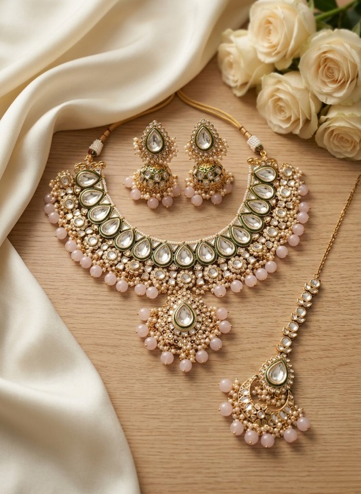 Jewel City Handcrafted Traditional Gold-Plated Kundan Bridal Jewelry Set with Maang Tikka & Jhumka Earrings | Grocsy