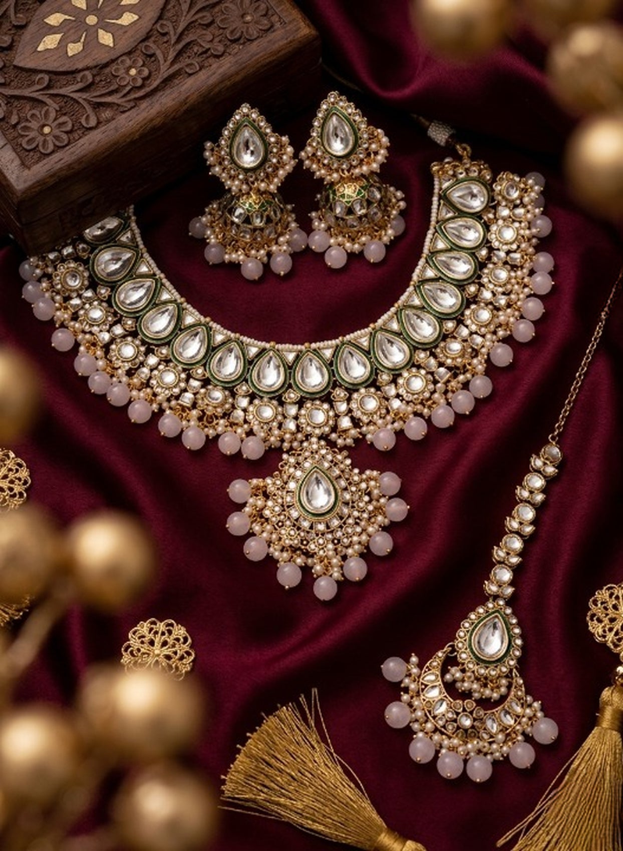 Jewel City Handcrafted Traditional Gold-Plated Kundan Bridal Jewelry Set with Maang Tikka & Jhumka Earrings | Grocsy