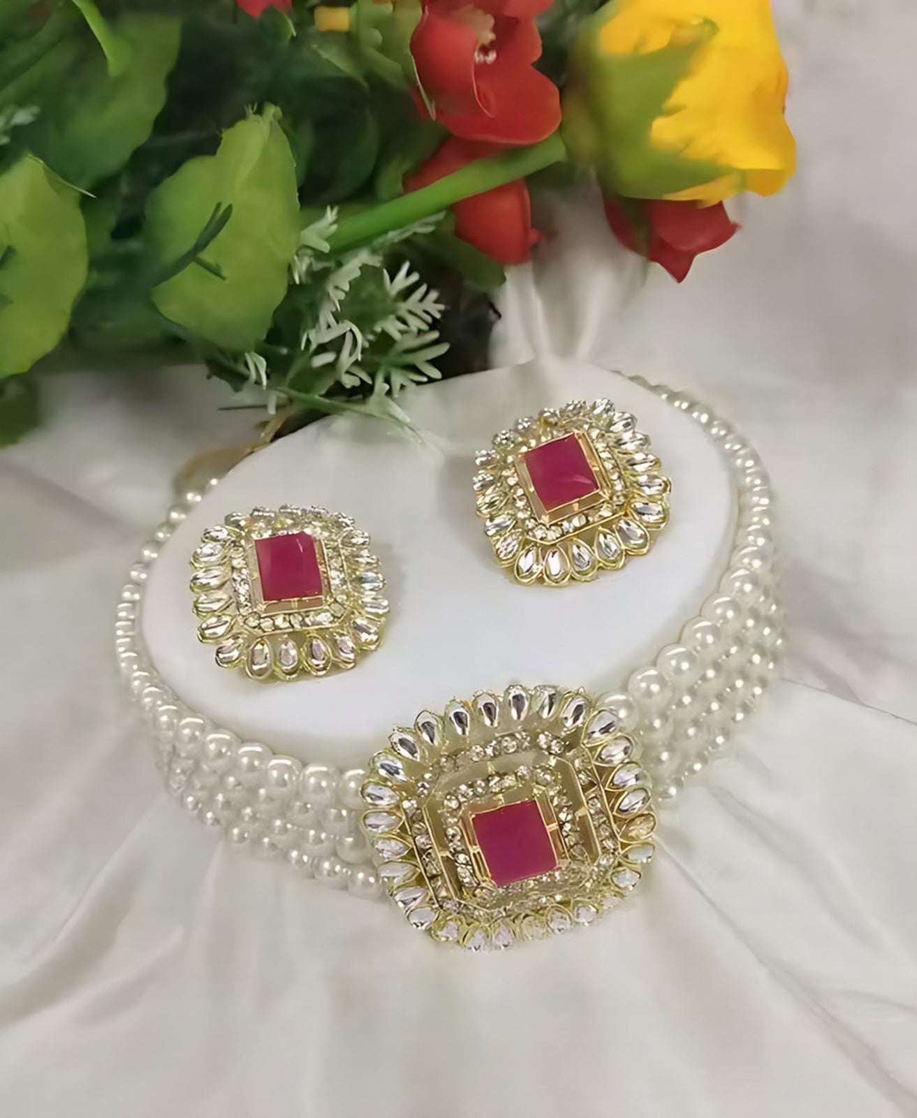 Jewel City Traditional Gold-Plated Multi-Layered Pearl Choker Necklace Set & Earrings Indian Ethnic Wedding Jewelry | Grocsy