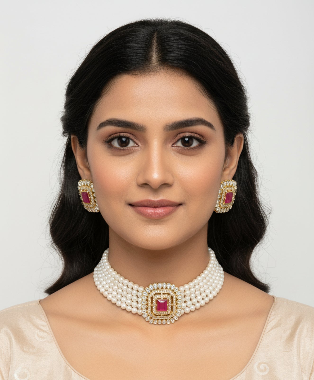 Jewel City Traditional Gold-Plated Multi-Layered Pearl Choker Necklace Set & Earrings Indian Ethnic Wedding Jewelry | Grocsy