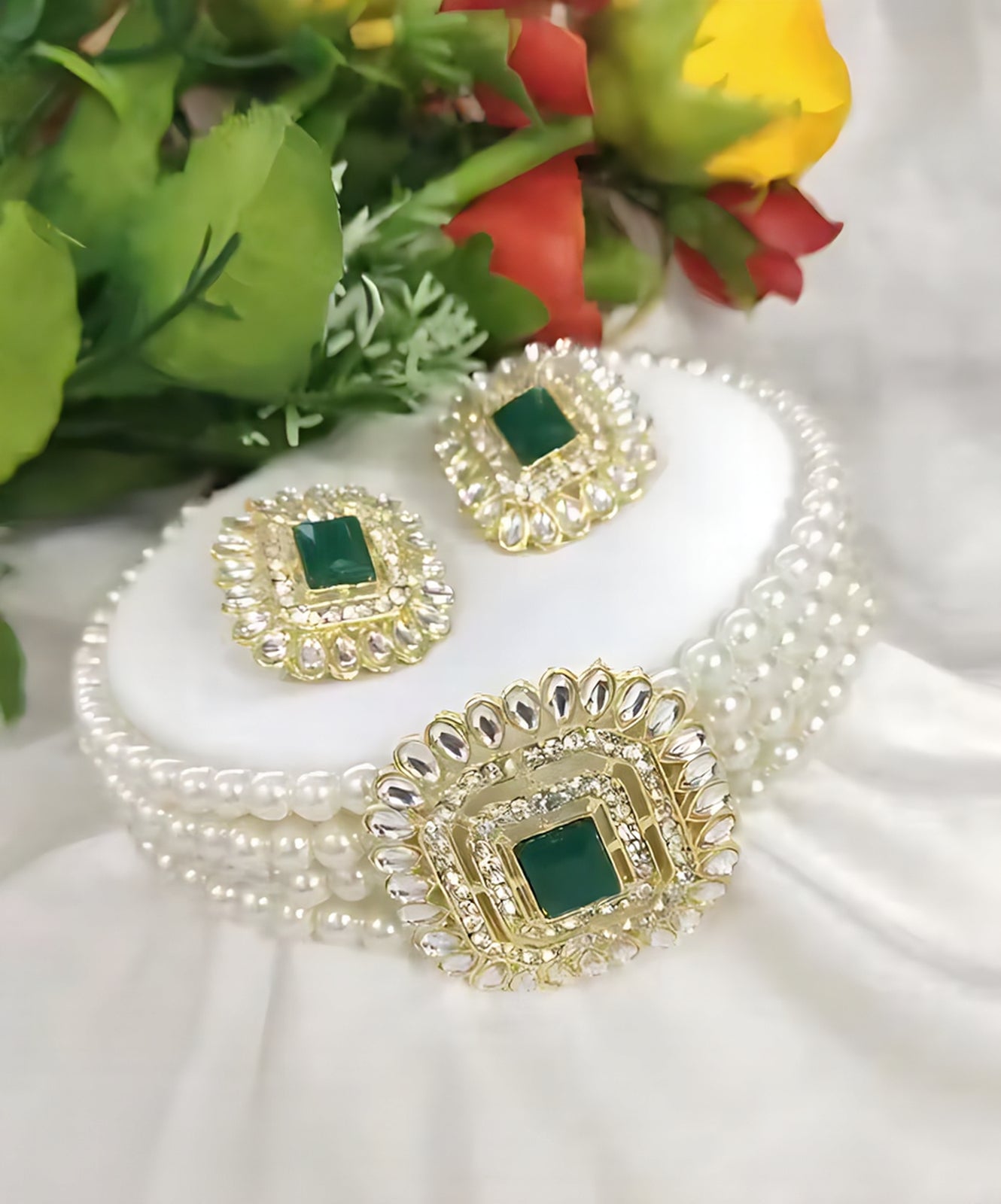 Jewel City Traditional Gold-Plated Multi-Layered Pearl Choker Necklace Set & Earrings Indian Ethnic Wedding Jewelry | Grocsy
