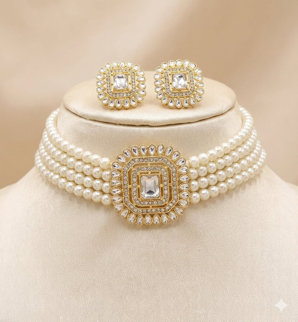 Jewel City Traditional Gold-Plated Multi-Layered Pearl Choker Necklace Set & Earrings Indian Ethnic Wedding Jewelry | Grocsy