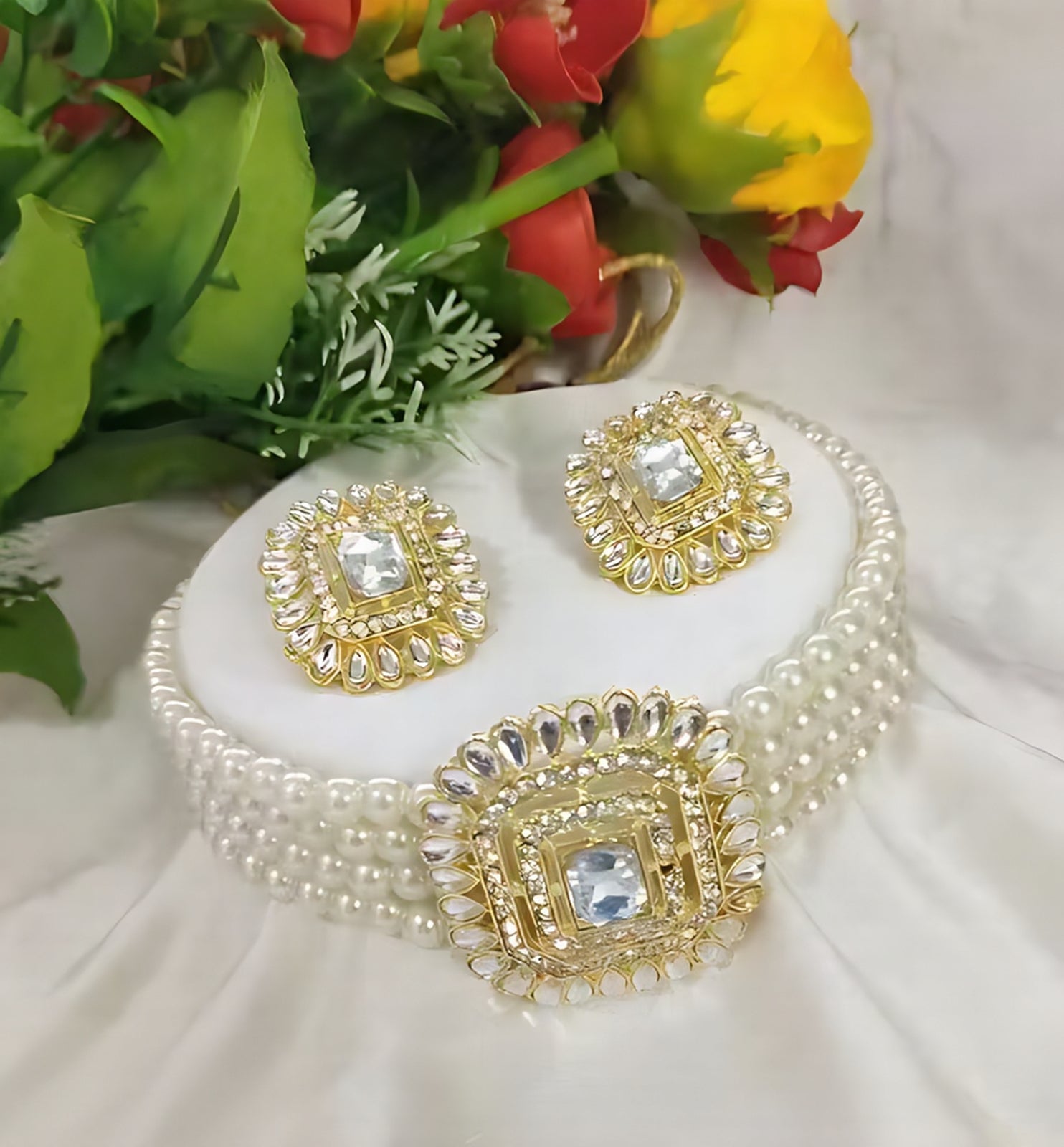 Jewel City Traditional Gold-Plated Multi-Layered Pearl Choker Necklace Set & Earrings Indian Ethnic Wedding Jewelry | Grocsy