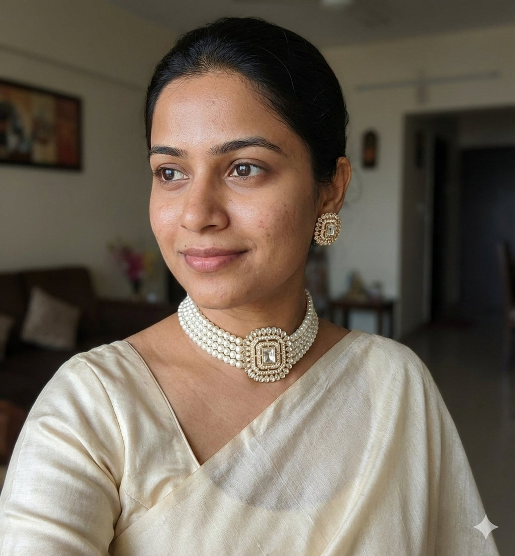 Jewel City Traditional Gold-Plated Multi-Layered Pearl Choker Necklace Set & Earrings Indian Ethnic Wedding Jewelry | Grocsy