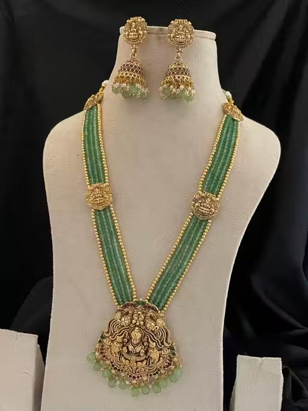 Jewel City Traditional Handcrafted Gold-Plated Lakshmi Temple Necklace Set with Green Beads and Earrings Ethnic Bridal Jewelry Set | Grocsy