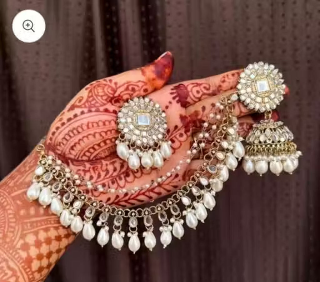 Jewel City Traditional Handcrafted Kundan Pearl Jhumka Drop Earrings And Maang Tikka Set | Grocsy