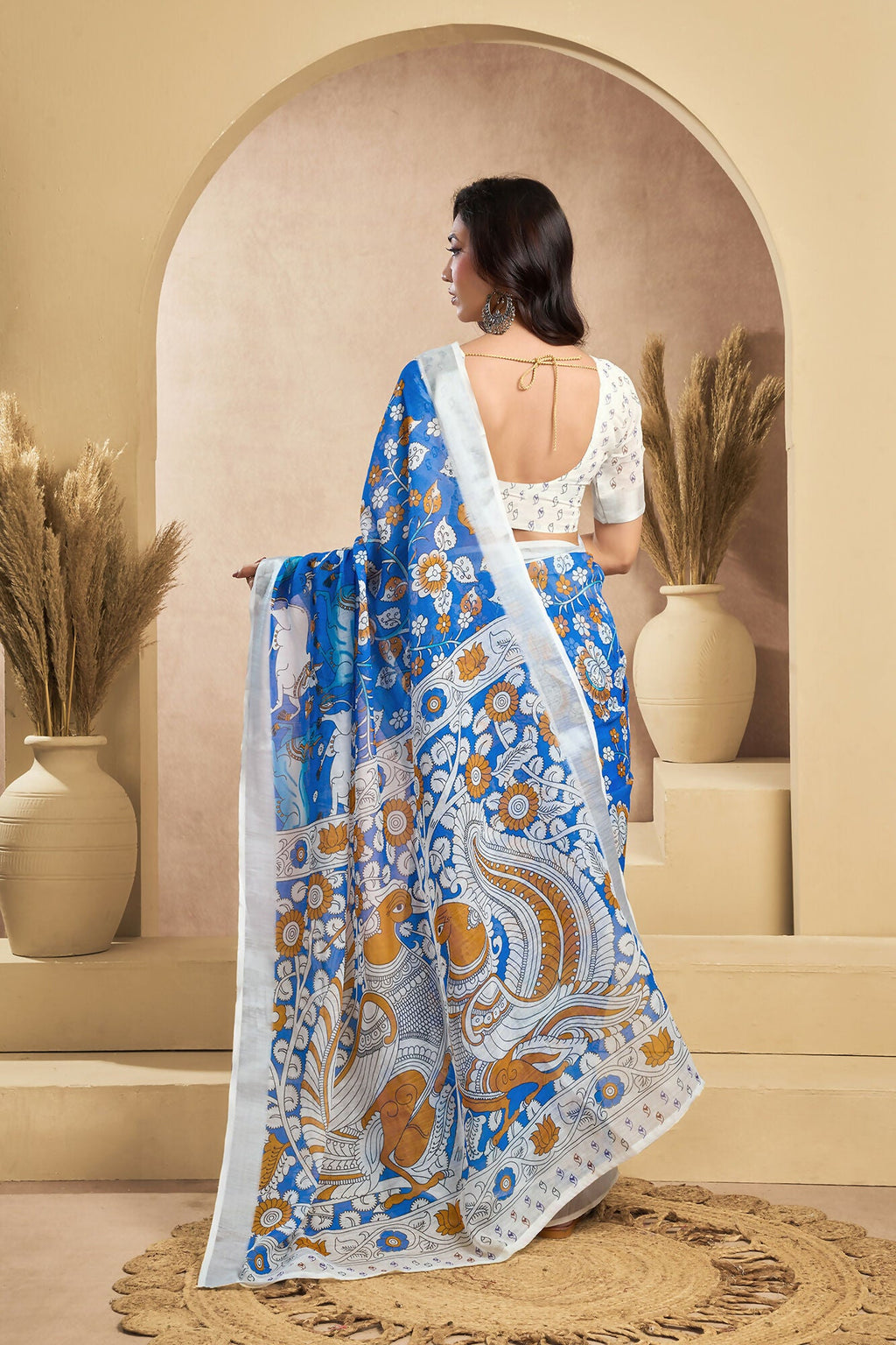 Vastranavya Blue Digital Printed Linen Ready To Wear Designer Saree with Unstitched Blouse | Grocsy